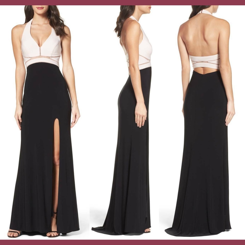 NEW XSCAPE Halter High Slit Gown in Blush Pink Black‎ [SIZE 4 ]